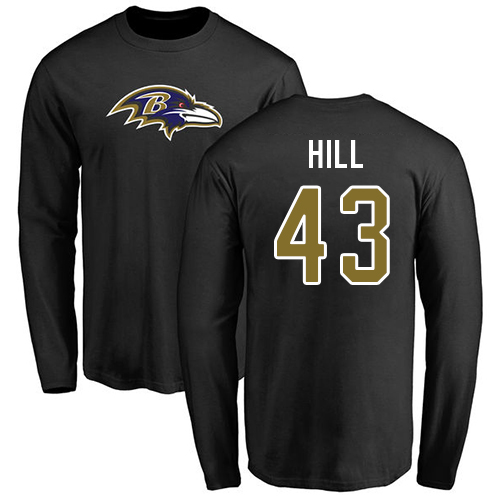 Men Baltimore Ravens Black Justice Hill Name and Number Logo NFL Football #43 Long Sleeve T Shirt->baltimore ravens->NFL Jersey